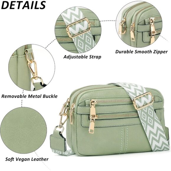 6-Pocket Crossbody Bags for Women Vegan Leather Handbags Light Green Travel Bag - Picture 4 of 7